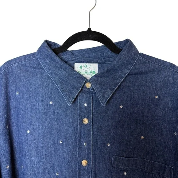 The Quacker Factory Dark Blue Denim Long Sleeve Rhinestone Accent ButtonDown Top - Picture 4 of 11